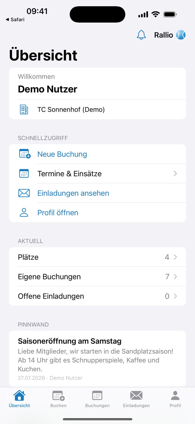 Rallio-App: Übersicht mit Schnellzugriff auf Buchung, Termine und Einladungen