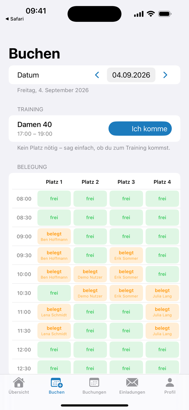 Rallio-App: Belegungsplan mit freien und belegten Plätzen sowie Mannschaftstraining