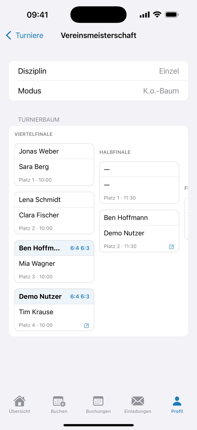 Rallio-App: Turnierbaum der Vereinsmeisterschaft mit Ergebnissen und Platzangabe