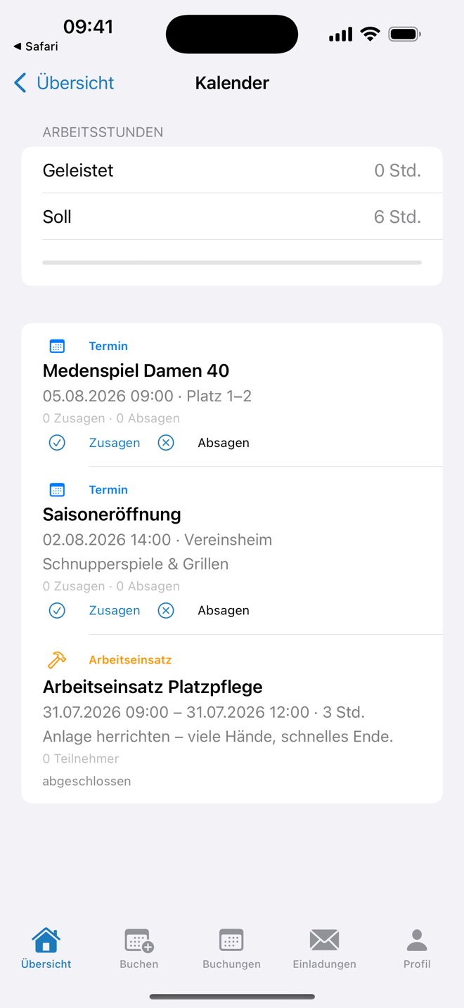 Rallio-App: Termine, Arbeitseinsätze und der eigene Stand bei den Arbeitsstunden