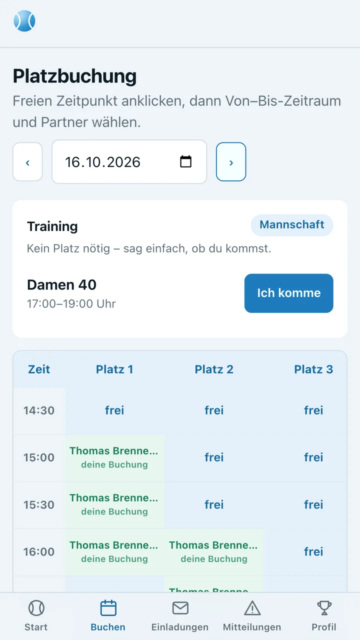 Belegungsplan in Rallio: eigene Buchungen ab 15 Uhr, darüber das Mannschaftstraining Damen 40