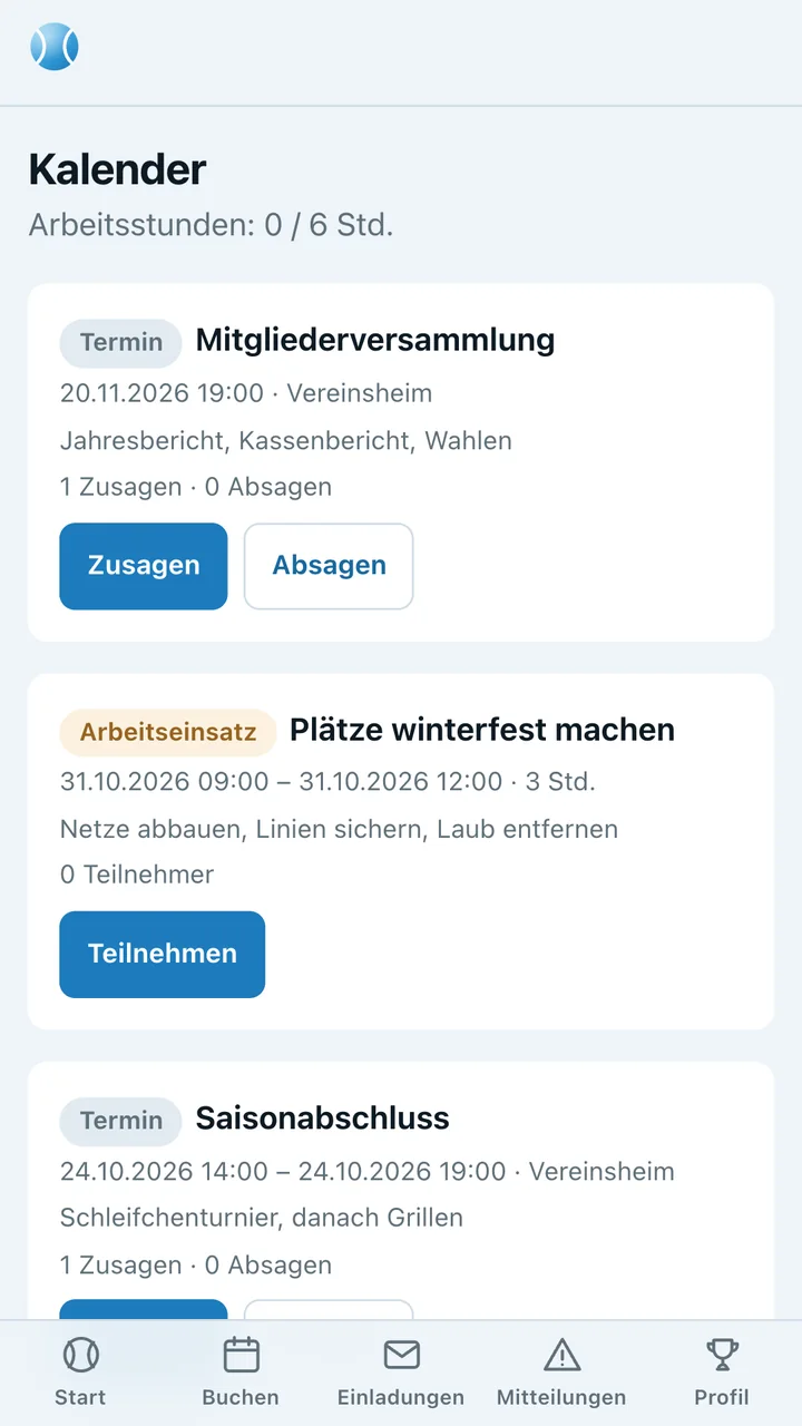 Kalender mit Mitgliederversammlung, Arbeitseinsatz und Saisonabschluss